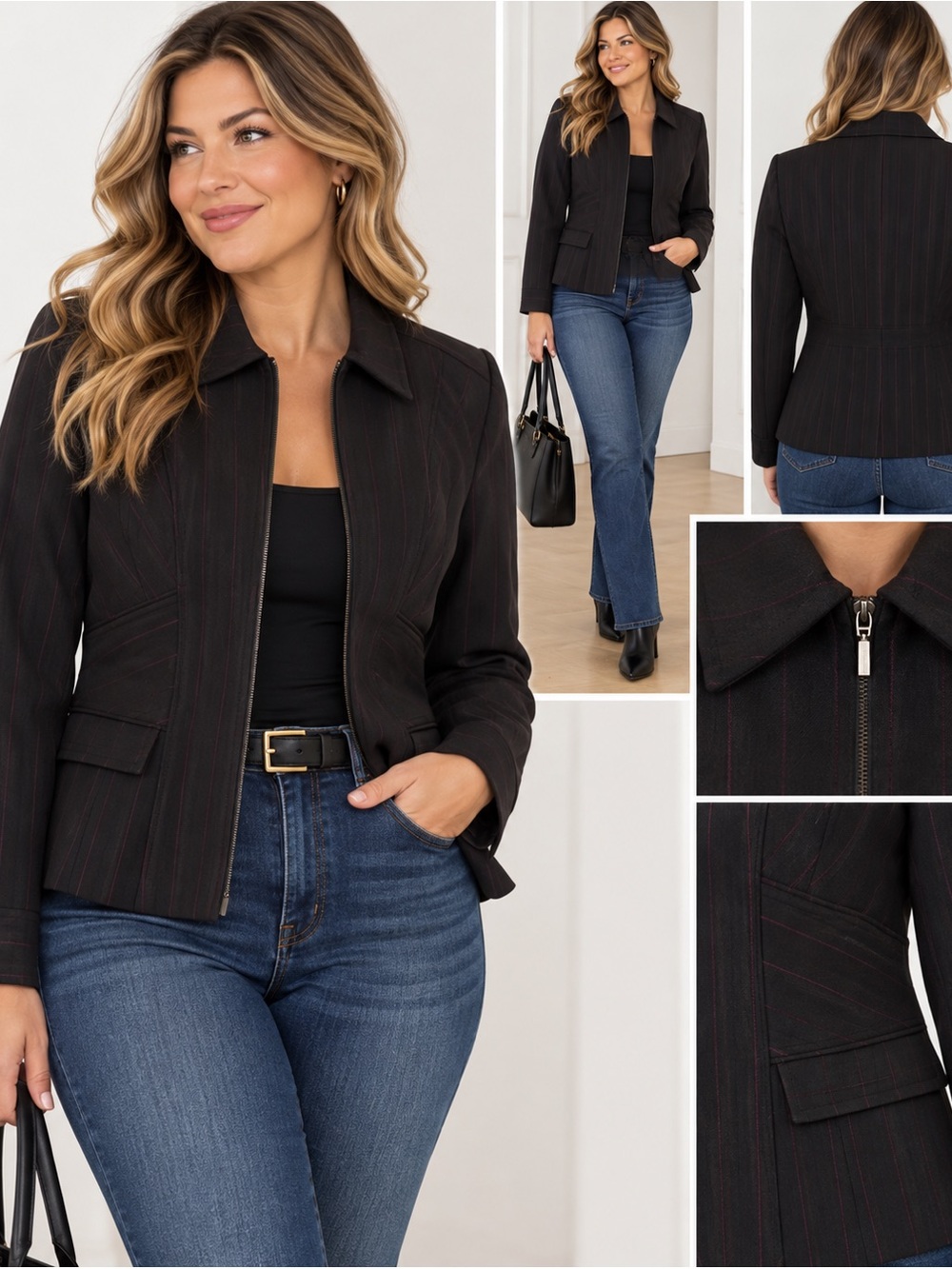 Bandolino Petite 6P Black pink/ burgundy Pinstripe Stretch Zip Blazer Y2K